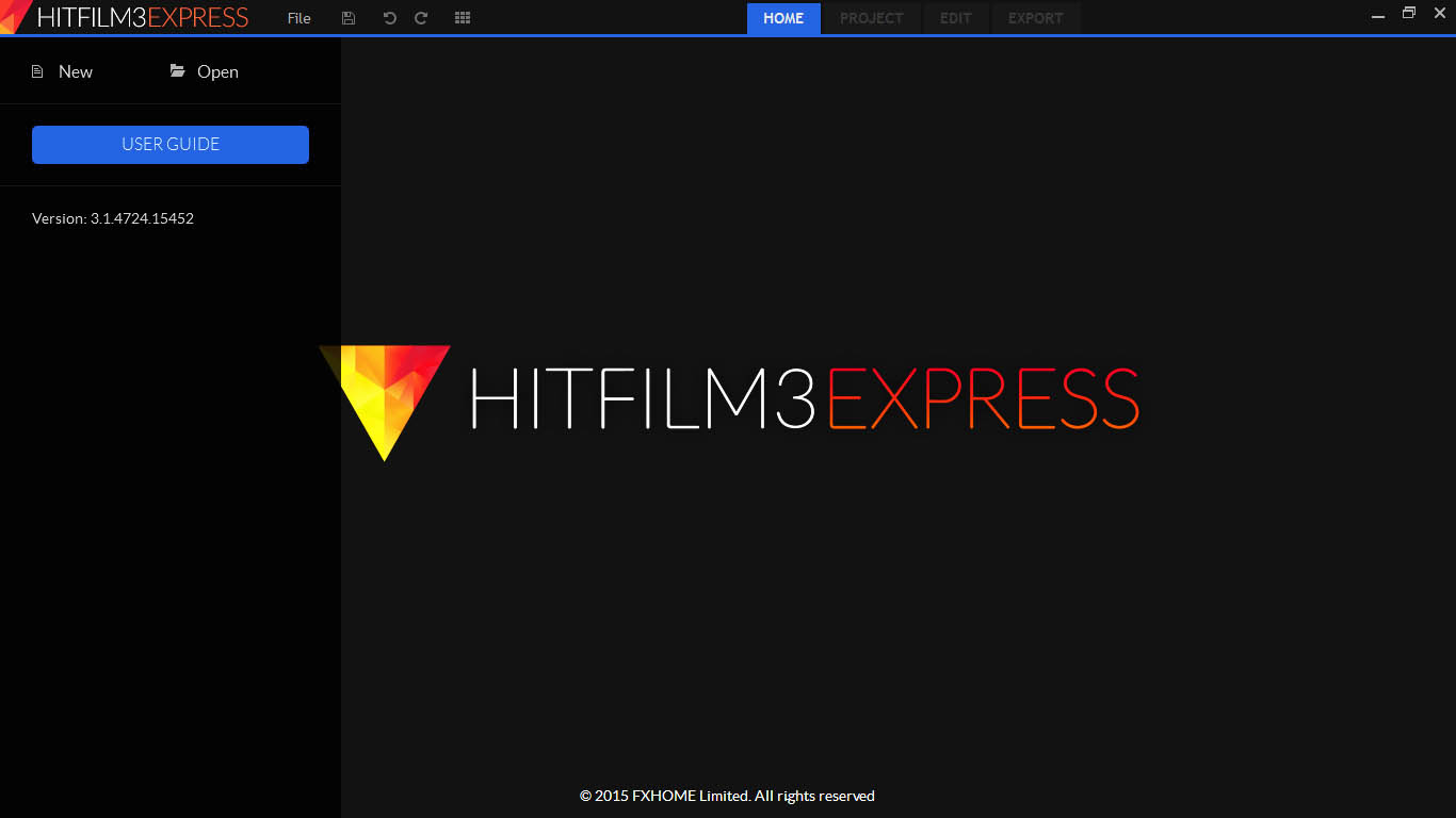 HitFilm 3 Express Startbildschirm