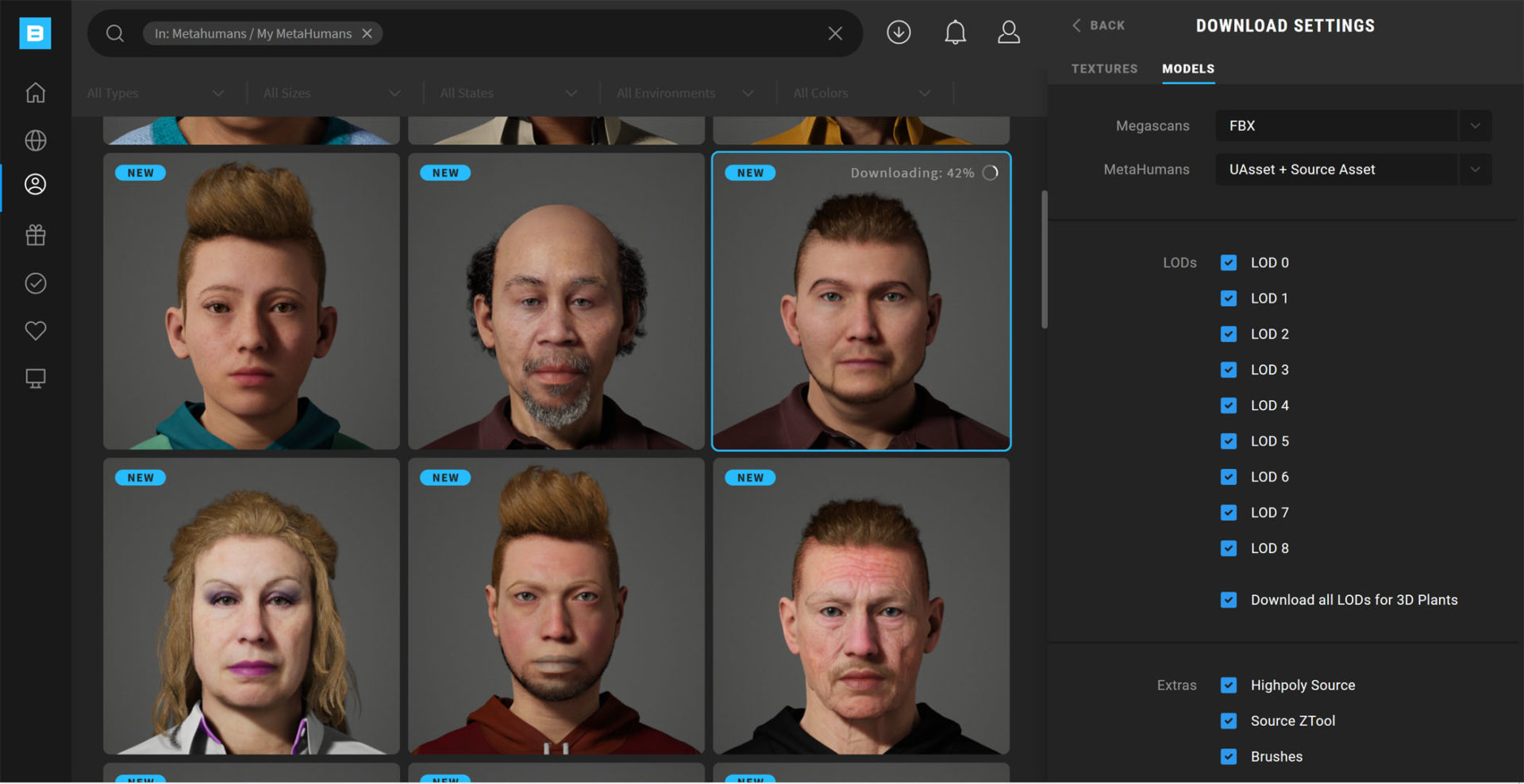 Quixel Bridge the MetaHuman export model settings