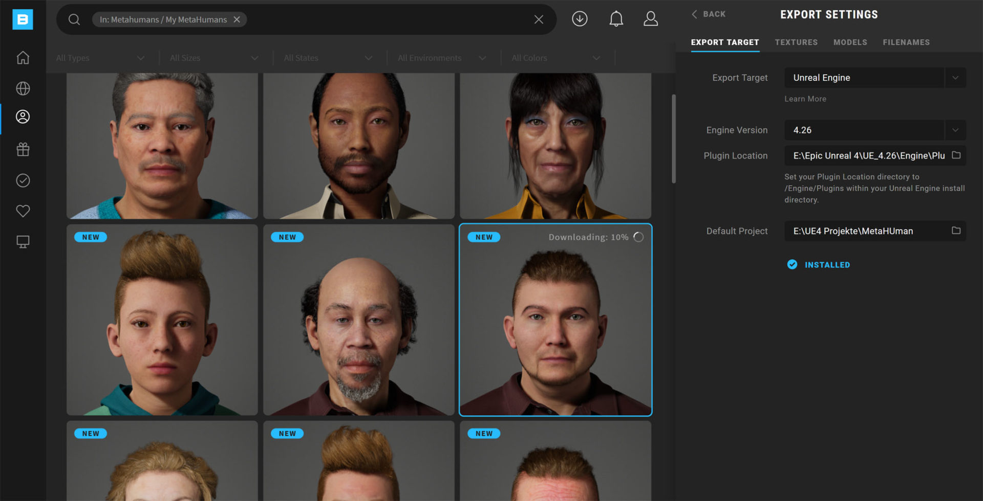 Quixel Bridge the MetaHuman Project export settings