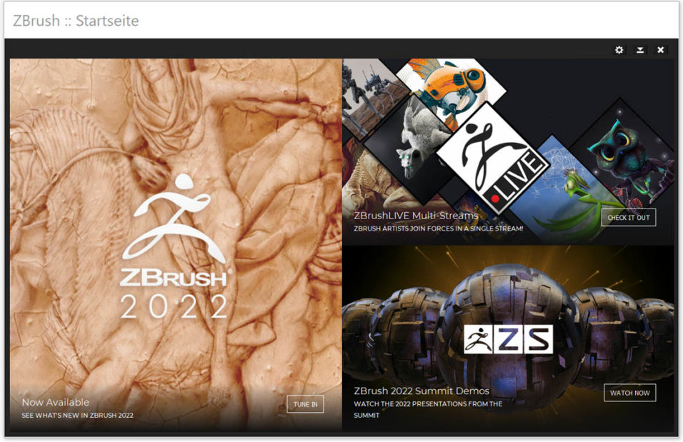 Pixologic ZBrush 2022 Startbildschirm