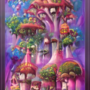 one mushroom house with shroomery monsters as trees1