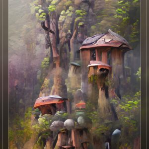 one mushroom house with shroomery monsters as trees12