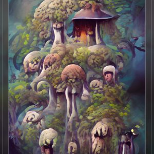 one mushroom house with shroomery monsters as trees16
