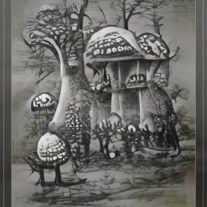one mushroom house with shroomery monsters as trees21