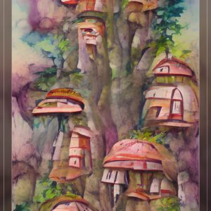 one mushroom house with shroomery monsters as trees23