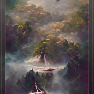 sail boat flying over a forest with mist4