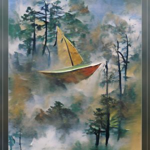 sail boat flying over a forest with mist6